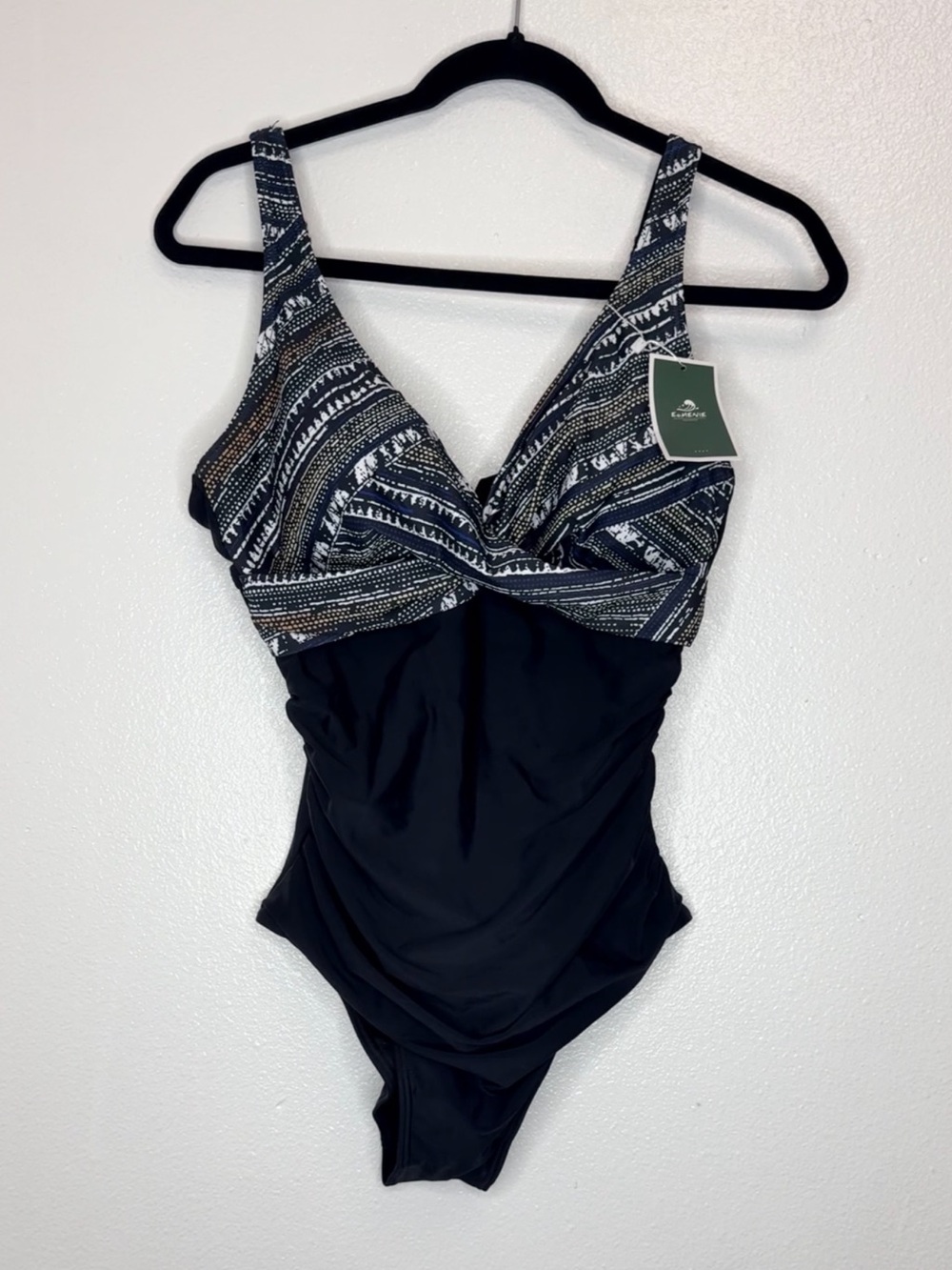 Black One-Piece Swimsuit with Patterned V-Neck Top